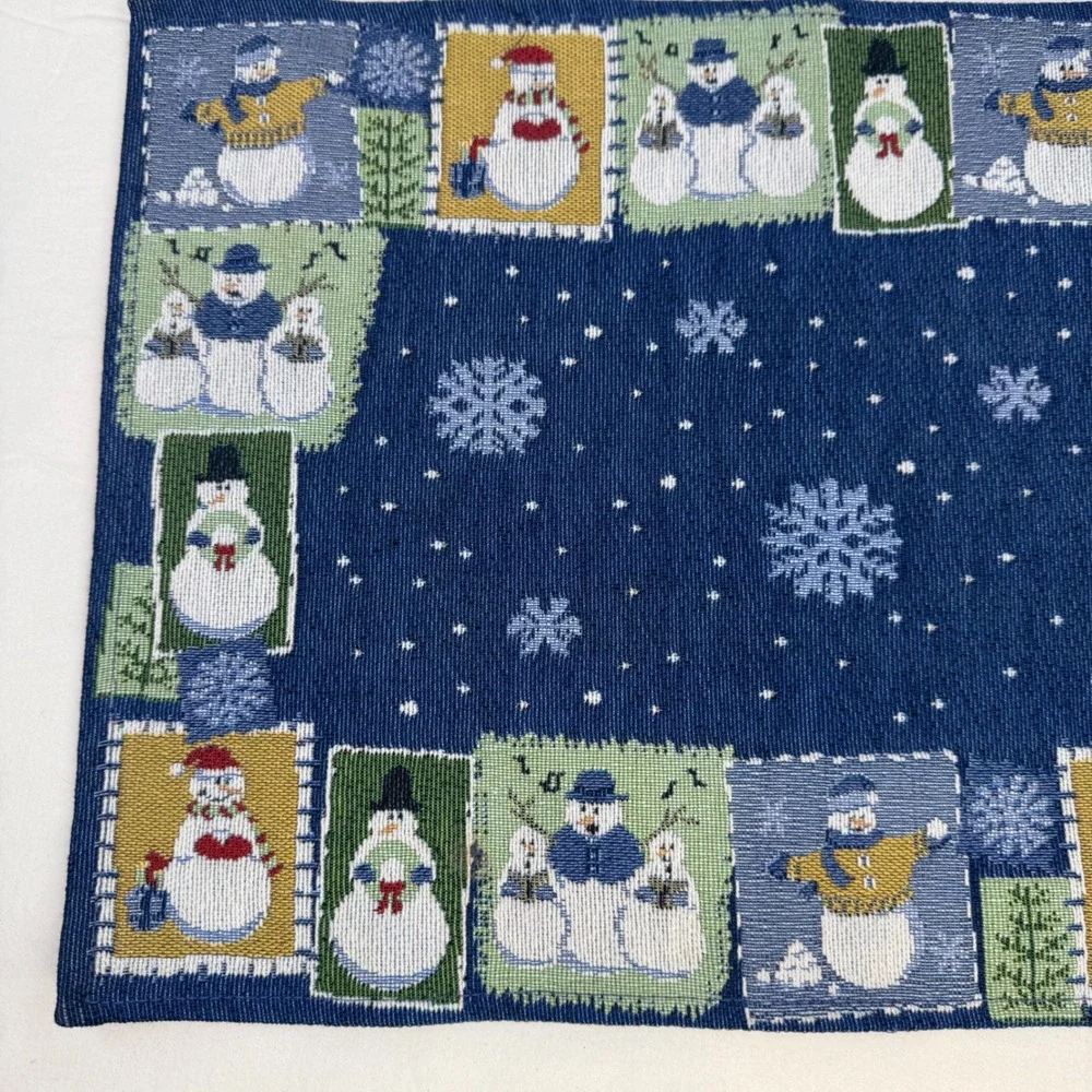 Vintage Woven Tapestry Snowman Placemats Blue Winter Holiday Set of 2